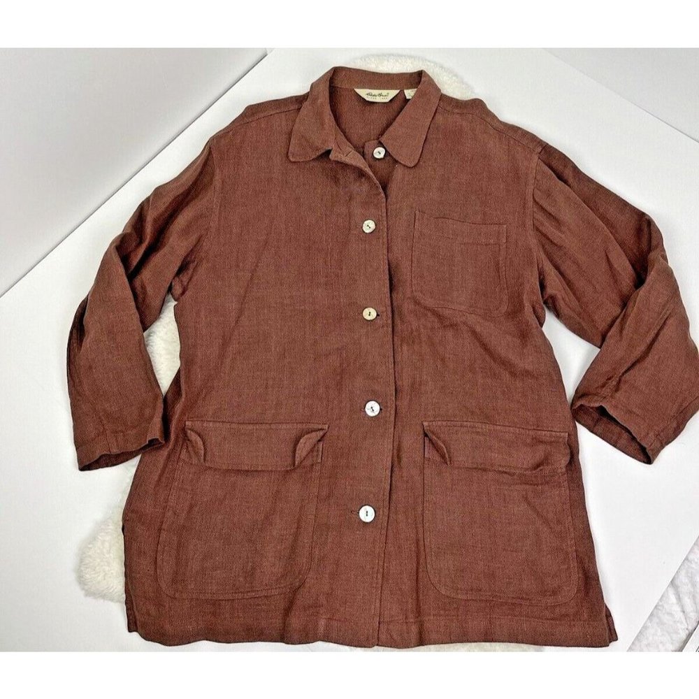 Womens Eddie Bauer 100% Linen Shacket Size Medium Brown Spring Jacket Breathable